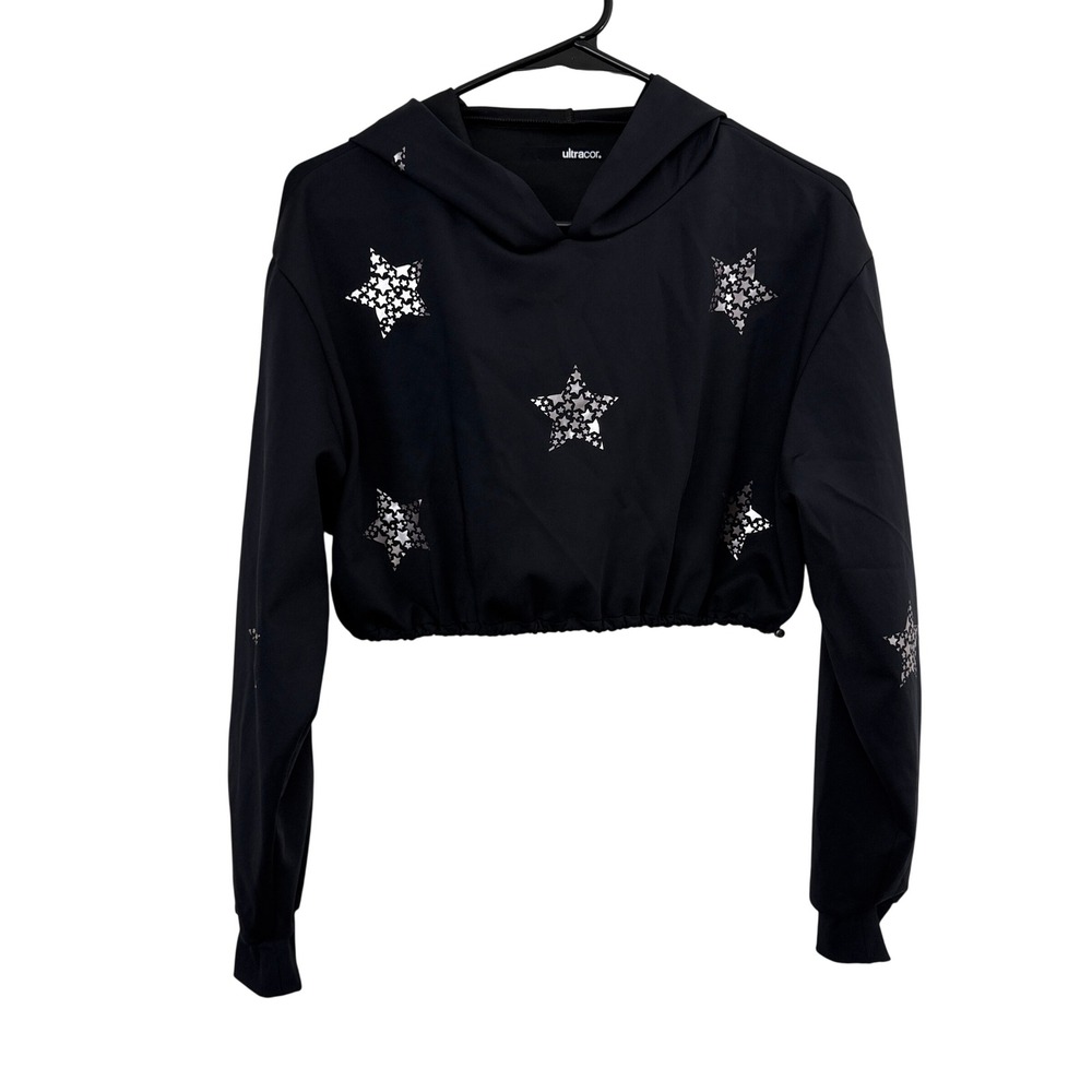 Ultracor Hoodie Womens Small Black Star Print Cropped Long Sleeve Pyxis Gym
